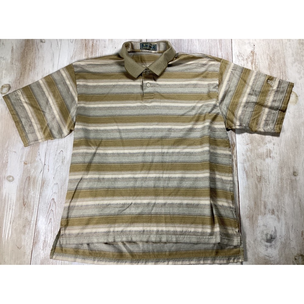 Descente Ritz-Carlton Kapalua Mens Striped Polo Shirt Green Tan Size M
